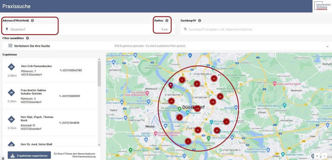 Das Bild zeigt eine beispielhafte Suche in der Praxissuche der KV Nordrhein. Rot eingekreist sind der Ort Düsseldorf, ein Radius von 5 Kilometern und die Suchergebnisse auf der Karte.