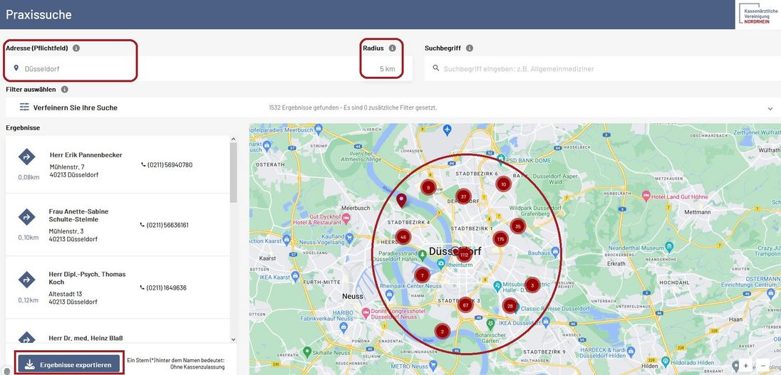 Das Bild zeigt eine beispielhafte Suche in der Praxissuche der KV Nordrhein. Rot eingekreist sind der Ort Düsseldorf, ein Radius von 5 Kilometern, die Suchergebnisse auf der Karte und die Exportfunktion.